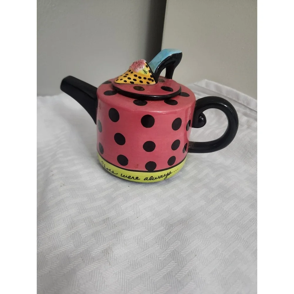 Vintage Novelty Mini Teapot Pink Polka Dot High Heel Shoe Finial Decorative